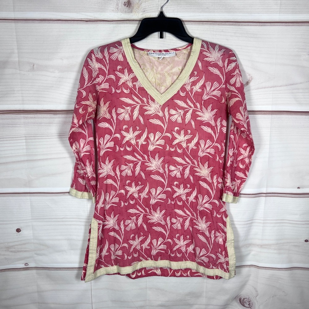 Gretchen Scott Tunic Top Womens XS Pink Floral V-Neck 100% Cotton 3/4 Sleeve